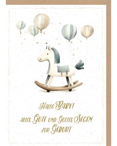 Faltkarte 'Hallo Baby! Alles Gute und Gottes Segen zur Geburt'    Motiv: Schaukelpferd     1x