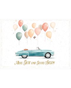 Postkarte 'Alles Gute und Gottes Segen' 12x                 Motiv: Auto mit Luftballons